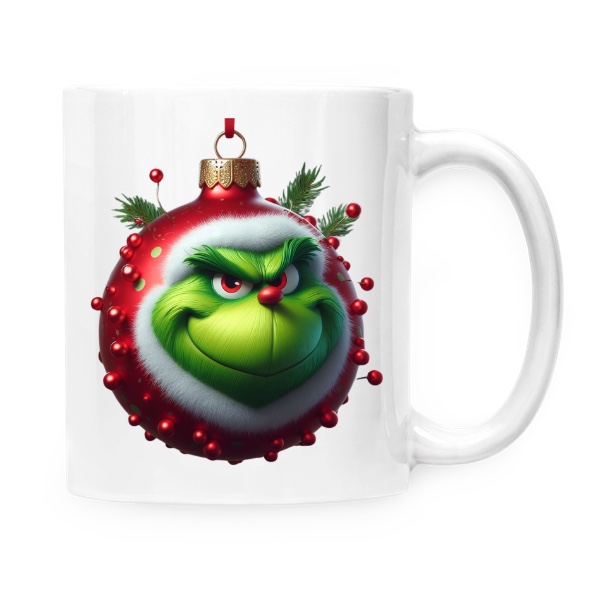 Hrnek malý bílý s potiskem Grinch jako vánoční koule hrnek