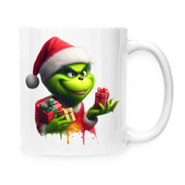 Hrnček malý biely s potlačou Grinch s dárky v čepici