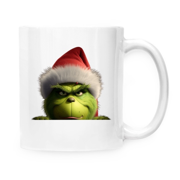 Hrnček malý biely s potlačou Grinch v Santově čepici nakukuje