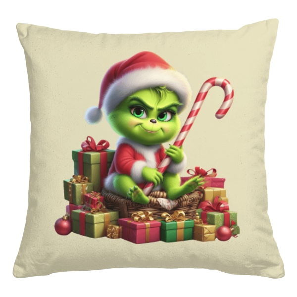 Vankúš bavlnený s potlačou Malý Grinch sedí na dárcích 2 